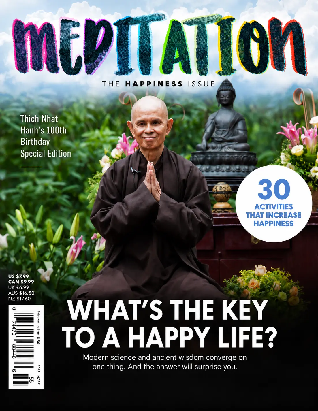 Meditation Magazine 2026 Happiness Issue cover featuring Thich Nhat Hanh